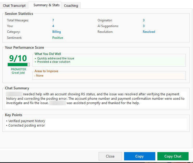 AI chat summary showing session statistics, performance score, and key points