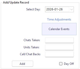 Add record form with date picker, chat and unit inputs