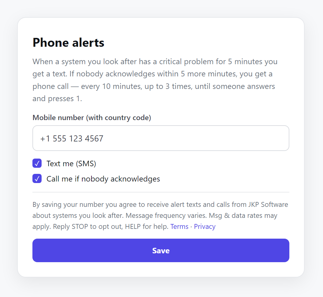 Phone alerts form: mobile number field, text and call options, the JKP Software consent statement with links to Terms and Privacy, and a Save button